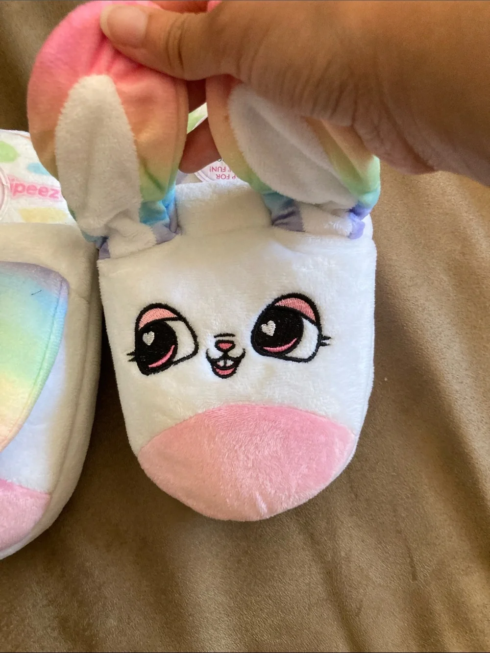 NWT! Flipeez Bunny Rainbow Plush Flip Slippers - Pastel Multicolor